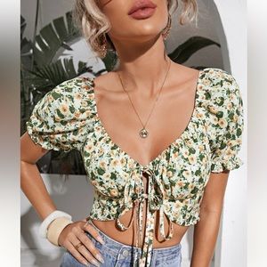 Tie front puff sleeve ditsy floral milkmaid top